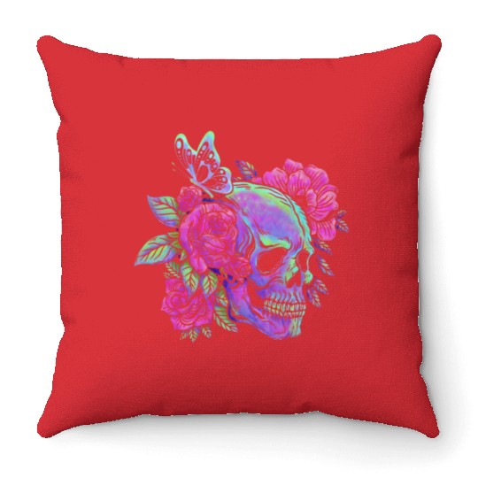 Skeleton Throw Pillows, Neon Skull Roses Gothic Skeleton