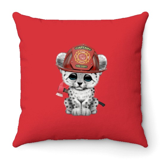 Cute Snow Leopard Cub Firefighter Throw Pillows