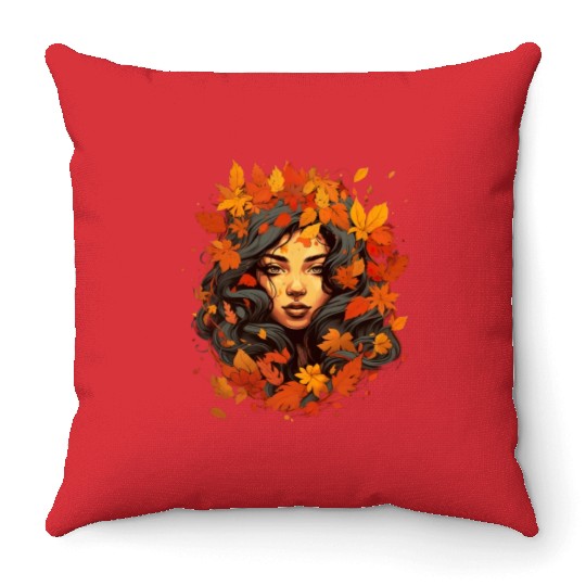 Autumn Woman Nature Leaves Season Throw Pillows
