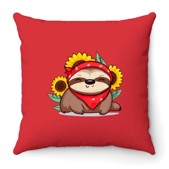 Sunflower sloth with bandana Throw Pillows