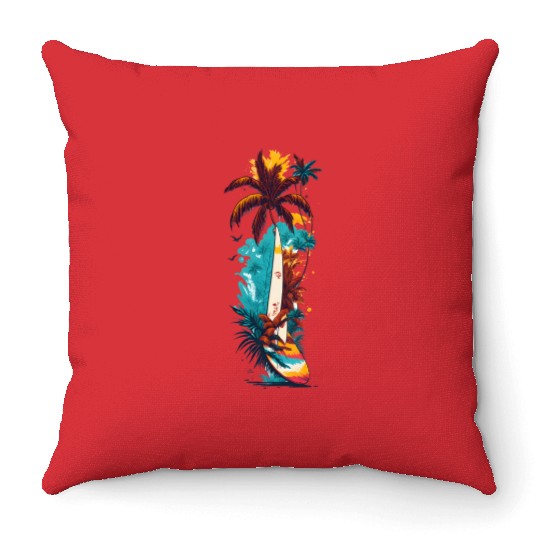 Surfing Board ,waves and Coconut Tree Throw Pillows