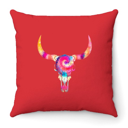 Cow Throw Pillows, Cow Skull Tie Dye Watercolor Throw Pillows, Cow