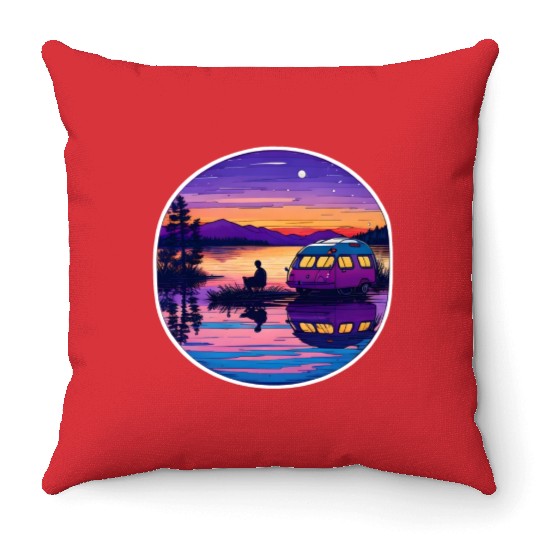 A Camper Enjoying A Peaceful Lakeside Throw Pillows