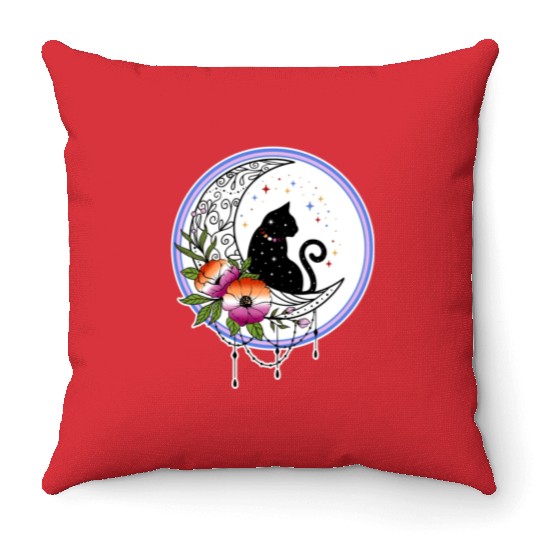 Galaxy Cat and Flowers in Lesbian Flag Colors Throw Pillows