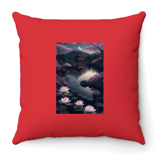 Asia Landscape by night Serene Mount Fuji Throw Pillows