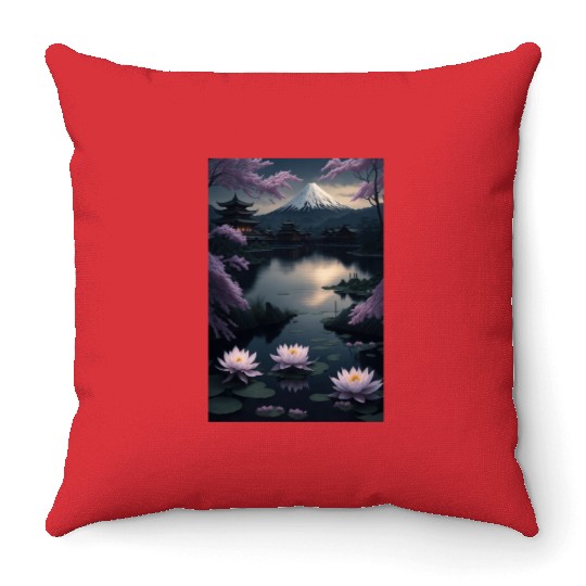 Asia Landscape by night Serene Mount Fuji Throw Pillows