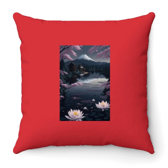 Asia Landscape by night Serene Mount Fuji Throw Pillows