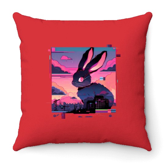 Synthwave Rabbit Cyber Bunny Retro Throw Pillows