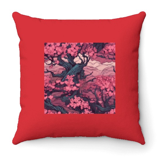 Anime Euphoria: Fantasy Cherry Blossom Dreamscape Throw Pillows