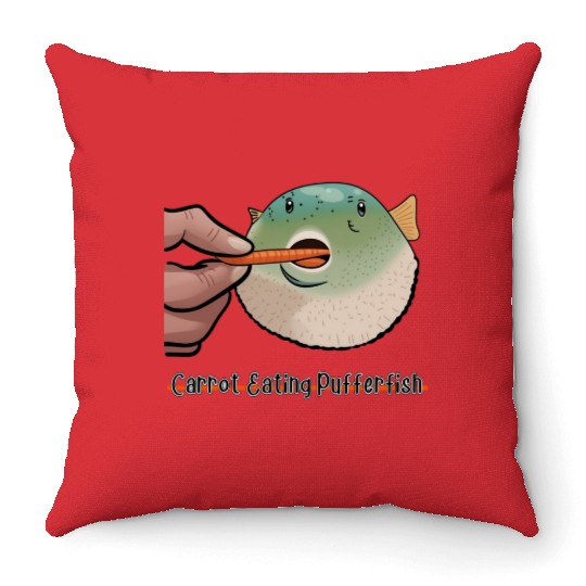 Carrot Eating Pufferfish Meme Throw Pillows