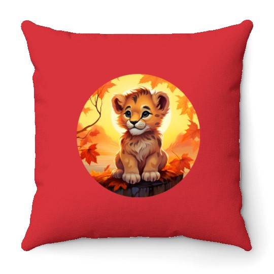 Lion Cub in Autumn Leaves - Romantic Sunset Design Throw Pillows