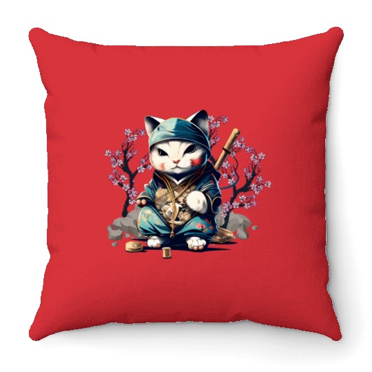 Samurai Cat Anime Kawaii Japanese Style Throw Pillows