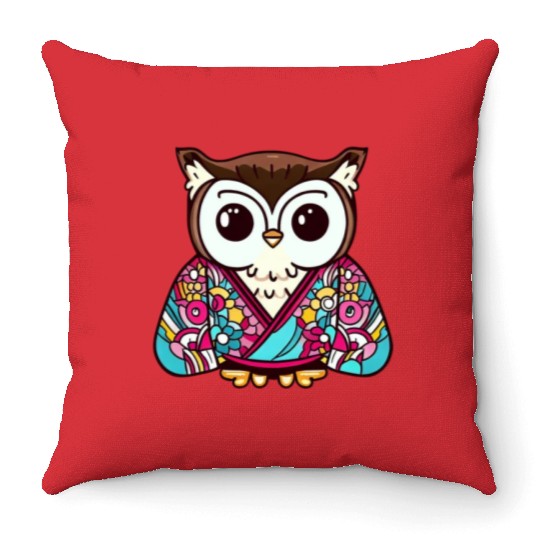 Japanese Kimono owl Throw Pillows