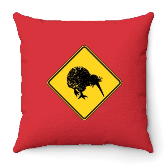 New Zealand Attention Kiwi Street Sign Camping Throw Pillows
