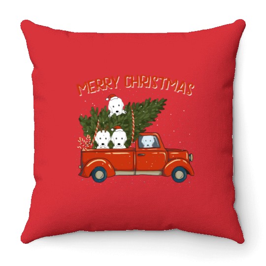 Great Pyrenees Xmas Vintage Red Pickup Throw Pillows