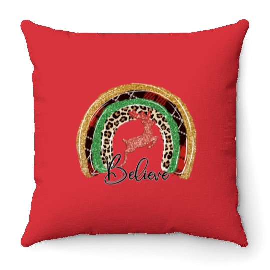 Xmas Christmas Believe Deer Buffalo Plaid Throw Pillows