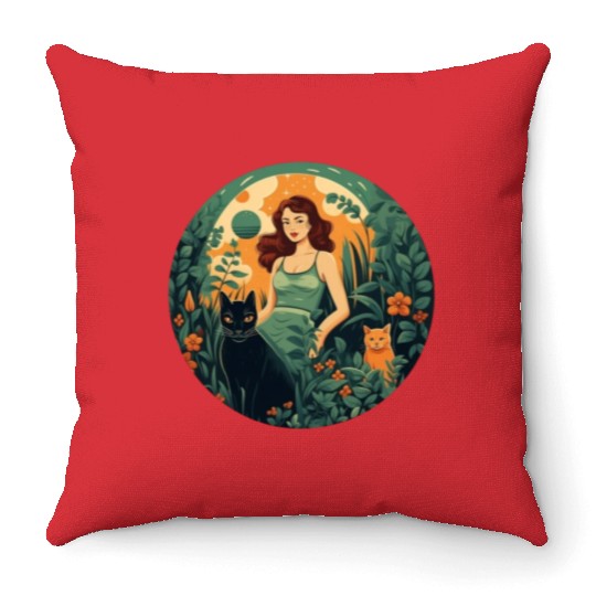 Woman in green dress with black cat and orange cat Throw Pillows