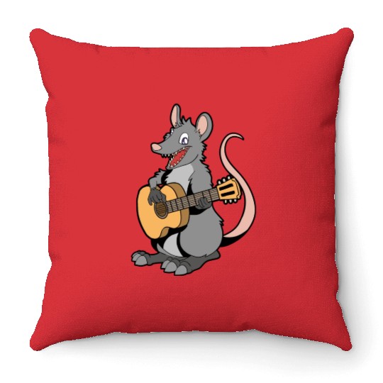Comic Opossum Playing Guitar Throw Pillows
