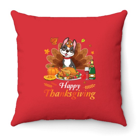 Boston Terrier Turkey Costume Wine Pie Pumpkin Throw Pillows