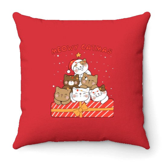 Meowy Catmas Xmas Novelty Cat Lover Throw Pillows