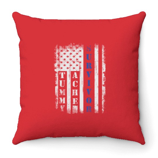 Tummy Ache Survivor Us Flag Stomachache Ibs Funny Throw Pillows