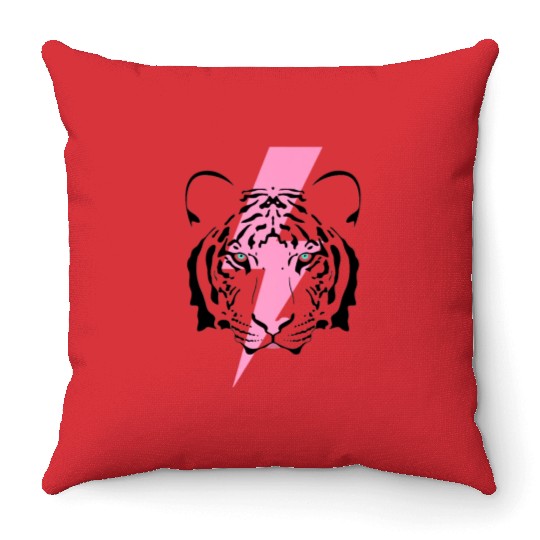 tiger and hot pink lightning bolt premium Throw Pillows