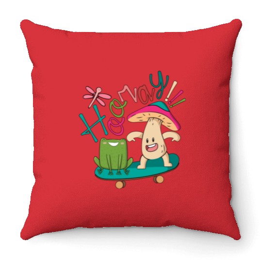 Sweet Frog Skateboarding With A Mushroom Throw Pillows