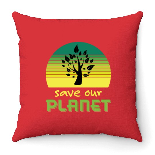 Save Our Planet Retro Sunset Green Throw Pillows