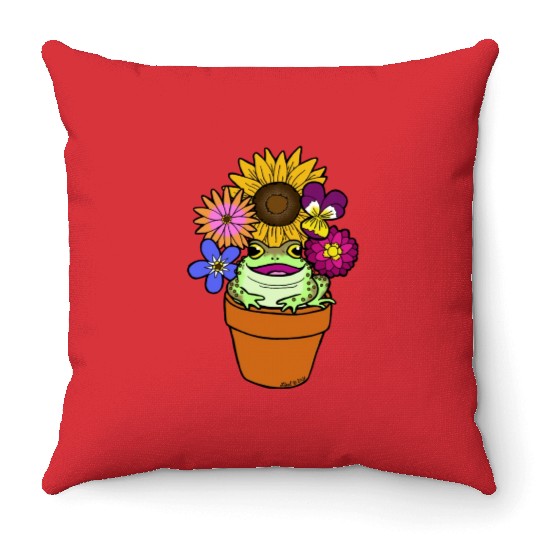Flower Pot Toad Throw Pillows