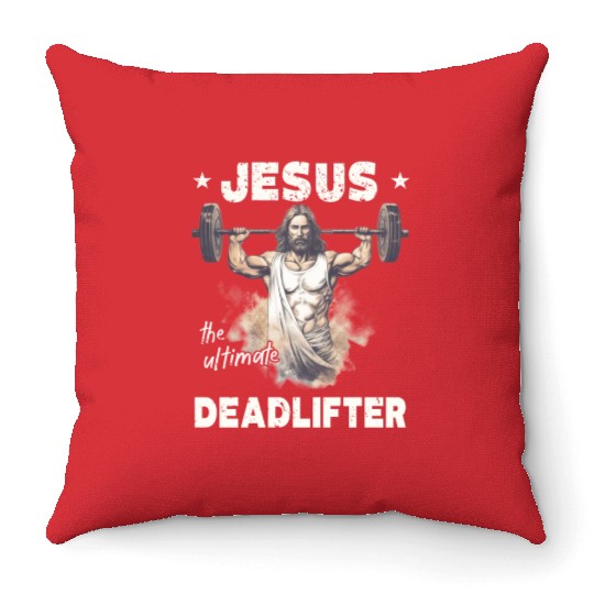 Jesus The Ultimate Deadlifted Retro Jesus Throw Pillows