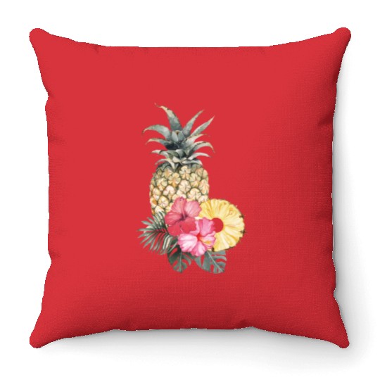Pineapple With Pink Hibiscus And Tropical Leaves Throw Pillows
