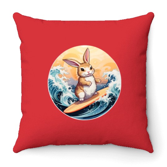 Surfboard rabbit Throw Pillows