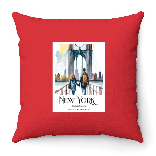 Watercolor painting loving couple in New York City Throw Pillows