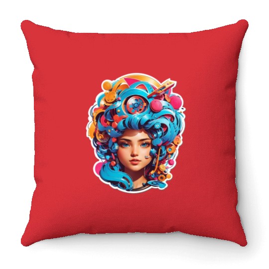 Psychedelic girl with multi color hair. futuristic Throw Pillows