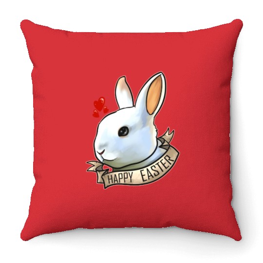 Realistic Happy Easter Bunny Head With Hearts On Throw Pillows