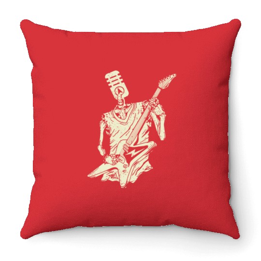 Funny Microphone Skeleton Playing Electric Guitar Throw Pillows