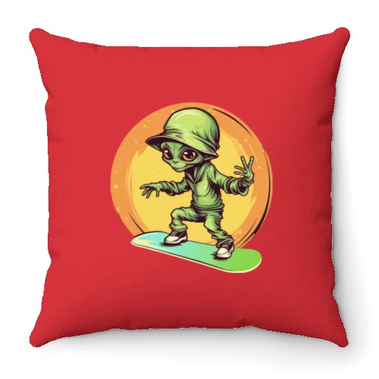 Alien on a Space Skateboard at Sunset Throw Pillows