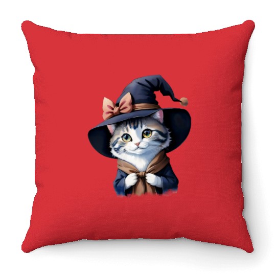 Cute Watercolor Witch Cat Throw Pillows