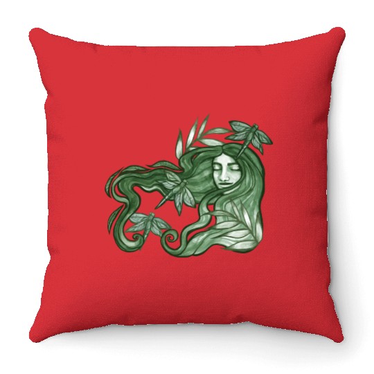 Dragonfly Goddess In Green Throw Pillows