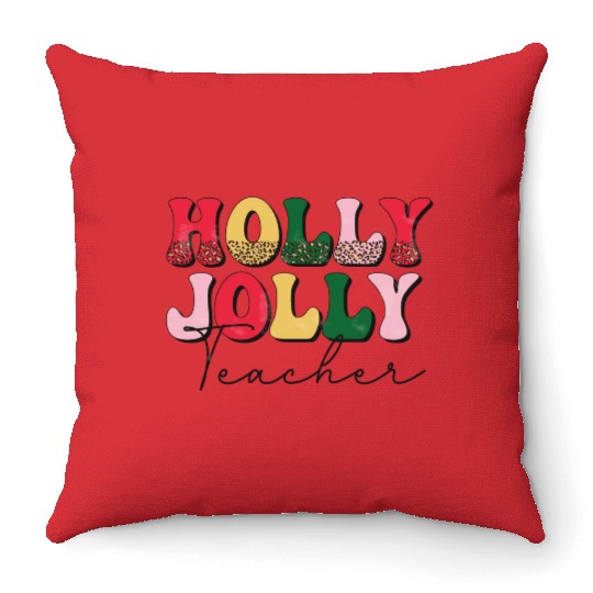 Holly Jolly Teacher Retro Groovy Christmas Gift Throw Pillows