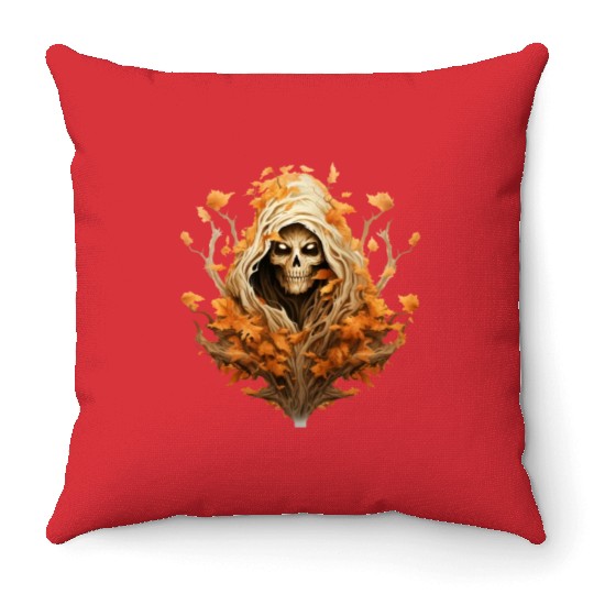 Halloween Autumn with Skull Tree and Grim Reaper Throw Pillows