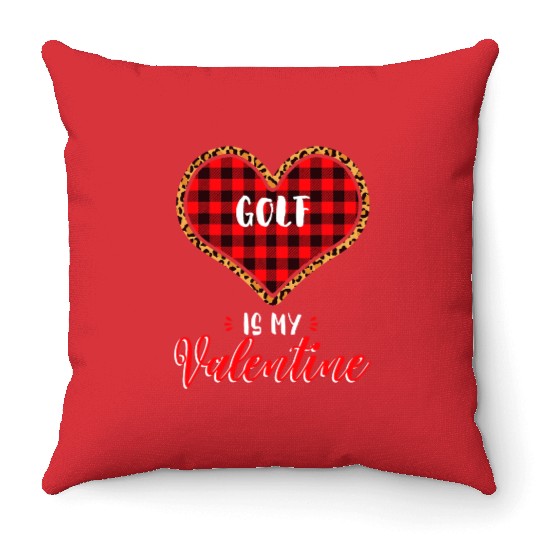 Golf is My Valentine Leopard Buffalo Plaid Heart P Throw Pillows