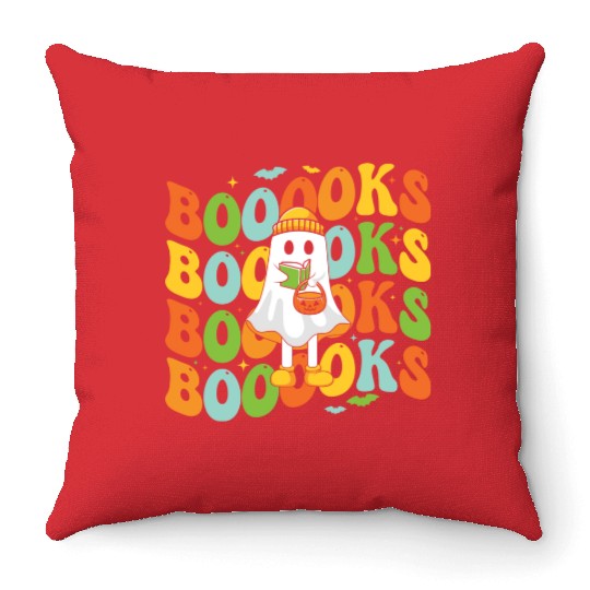 Booooks Cute Ghost Reading A Book Funny Book Lover Throw Pillows