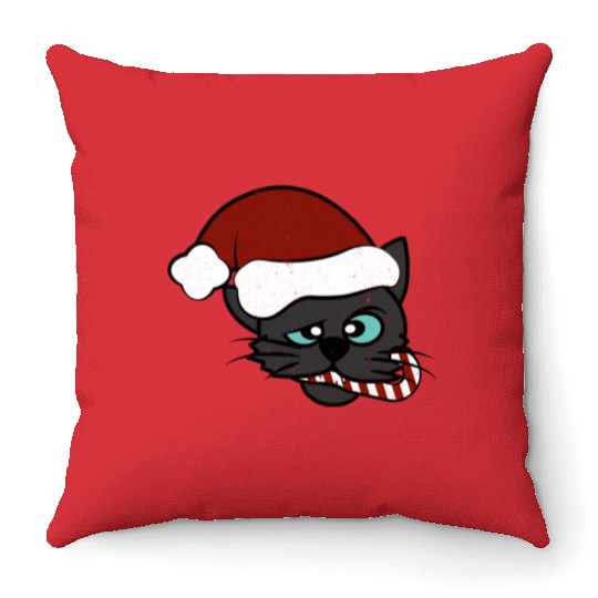 Christmas Black Cat Eating Candy Cane Throw Pillows