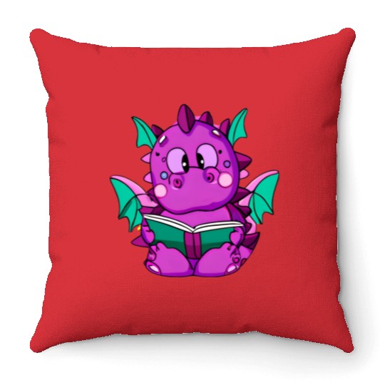 Purple Dragon Reading A Book - Derpy and Cute Throw Pillows