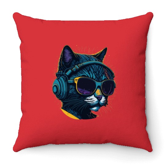 Cool Sunglasses Headphone Galaxy Cat Throw Pillows