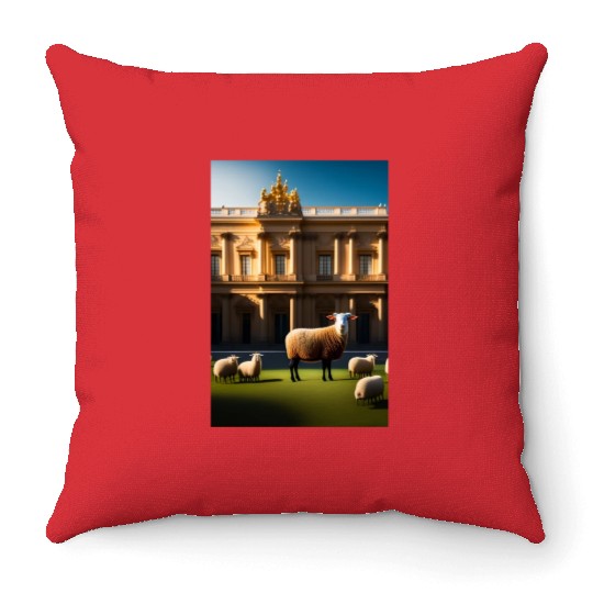 sheep in baroque armor in front of palace made of Throw Pillows