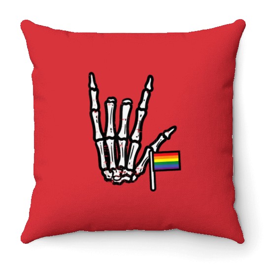 Gay Flag I Love You Hand Skeleton Rainbow Pride Throw Pillows