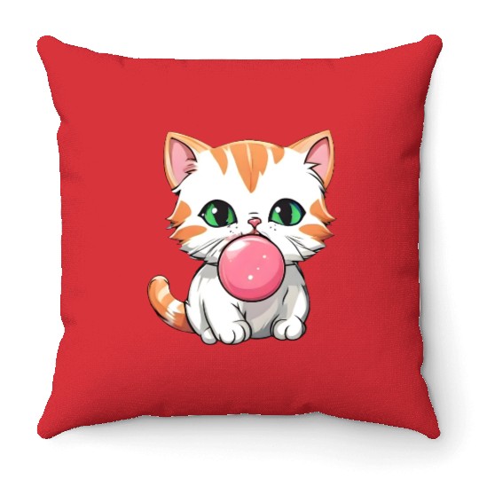 Orange & White Kitten Blowing Bubble - Green Eyes Throw Pillows