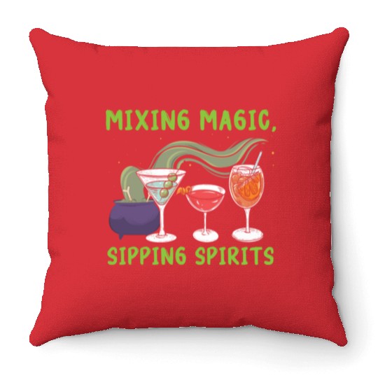 Mixing Magic Sipping Spirits Bartender Halloween Throw Pillows